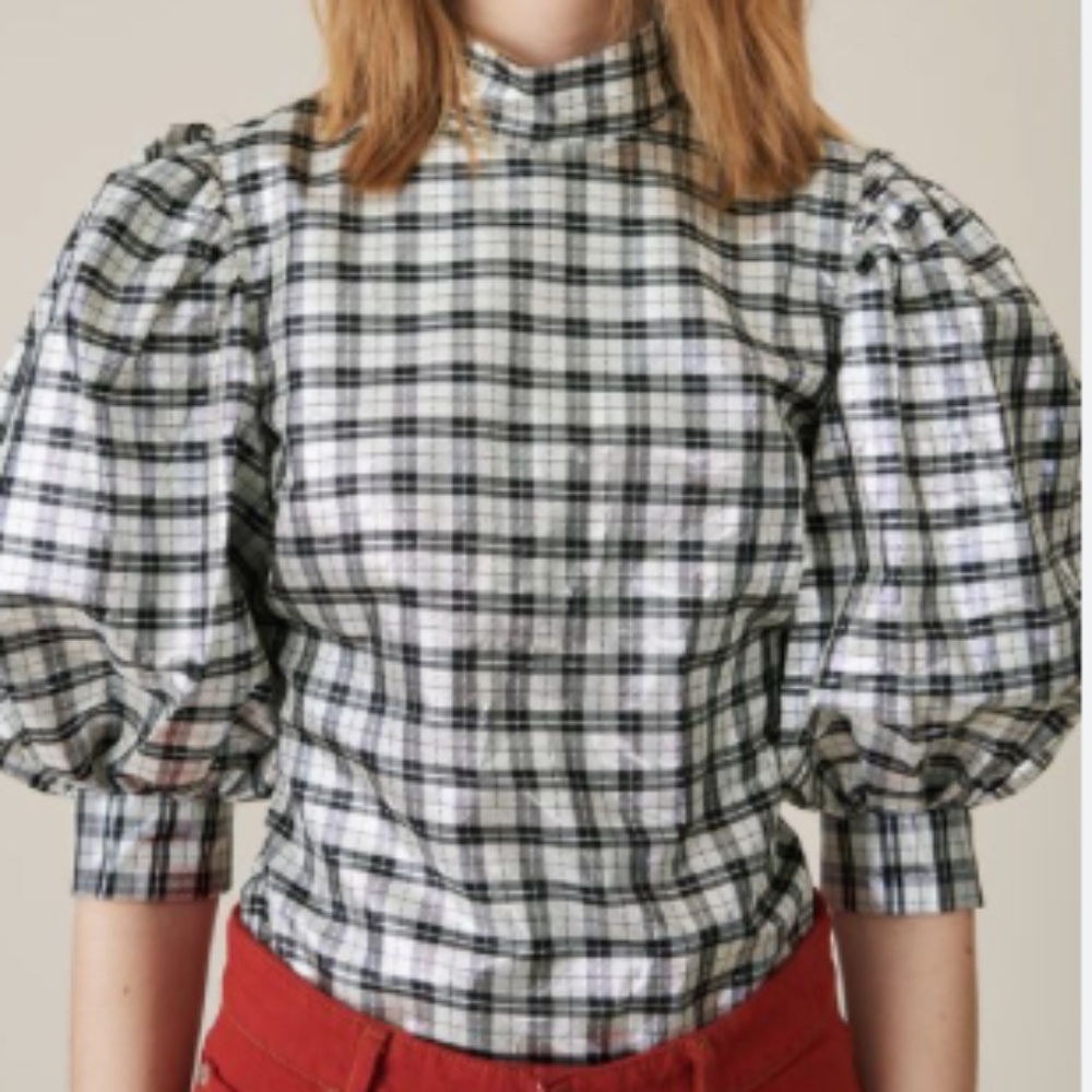 Ganni Metallic Plaid Puff Sleeve Top